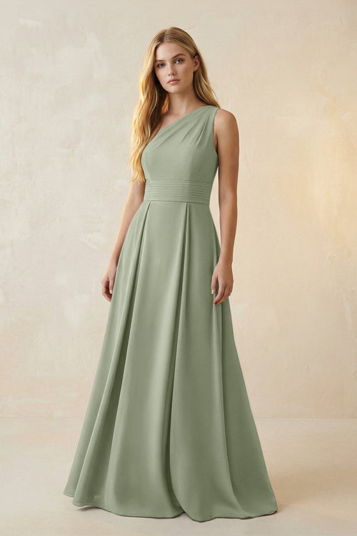 One - Shoulder Ruched A - Line Satin Bridesmaid Dress in Dove Gray - KissProm Bridesmaid Dresses