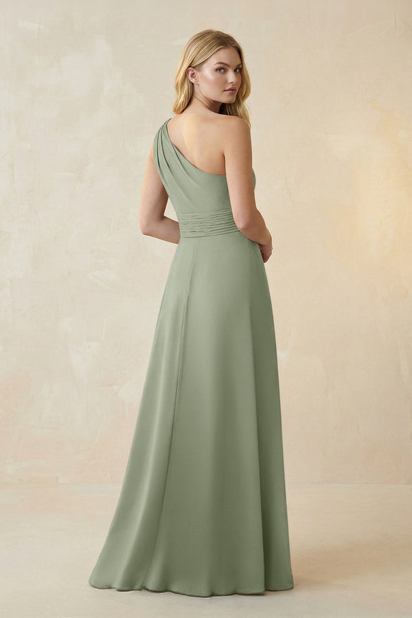 One - Shoulder Ruched A - Line Satin Bridesmaid Dress in Dove Gray - KissProm Bridesmaid Dresses