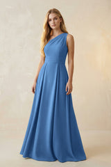 One - Shoulder Ruched A - Line Satin Bridesmaid Dress in Dusty Blue - KissProm Bridesmaid Dresses