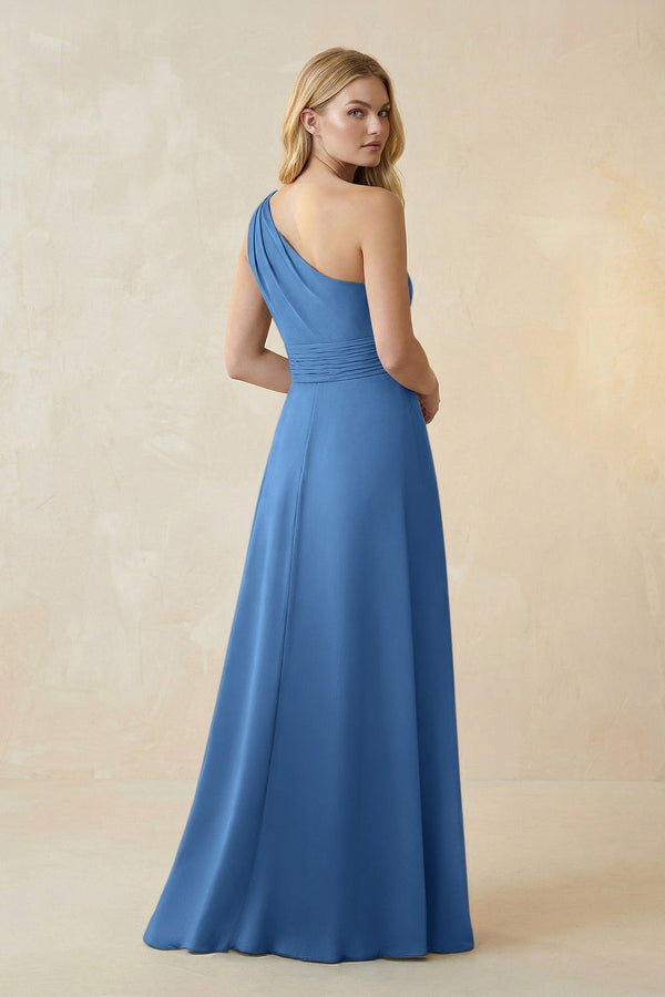 One - Shoulder Ruched A - Line Satin Bridesmaid Dress in Dusty Blue - KissProm Bridesmaid Dresses
