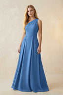 One - Shoulder Ruched A - Line Satin Bridesmaid Dress in Dusty Blue - KissProm Bridesmaid Dresses