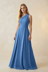 One - Shoulder Ruched A - Line Satin Bridesmaid Dress in Dusty Blue - KissProm Bridesmaid Dresses