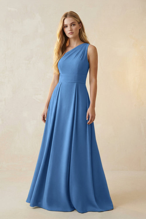 One - Shoulder Ruched A - Line Satin Bridesmaid Dress in Dusty Blue - KissProm Bridesmaid Dresses