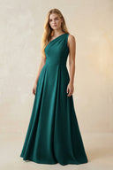 One - Shoulder Ruched A - Line Satin Bridesmaid Dress in Emerald - KissProm Bridesmaid Dresses
