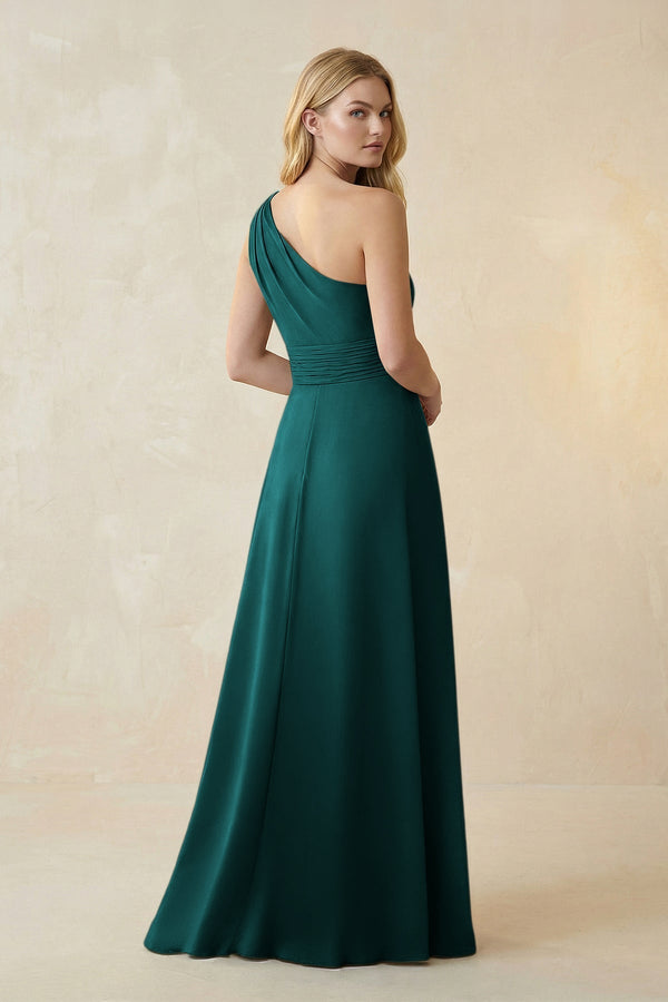 One - Shoulder Ruched A - Line Satin Bridesmaid Dress in Emerald - KissProm Bridesmaid Dresses