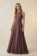 One - Shoulder Ruched A - Line Satin Bridesmaid Dress in Espresso - KissProm Bridesmaid Dresses