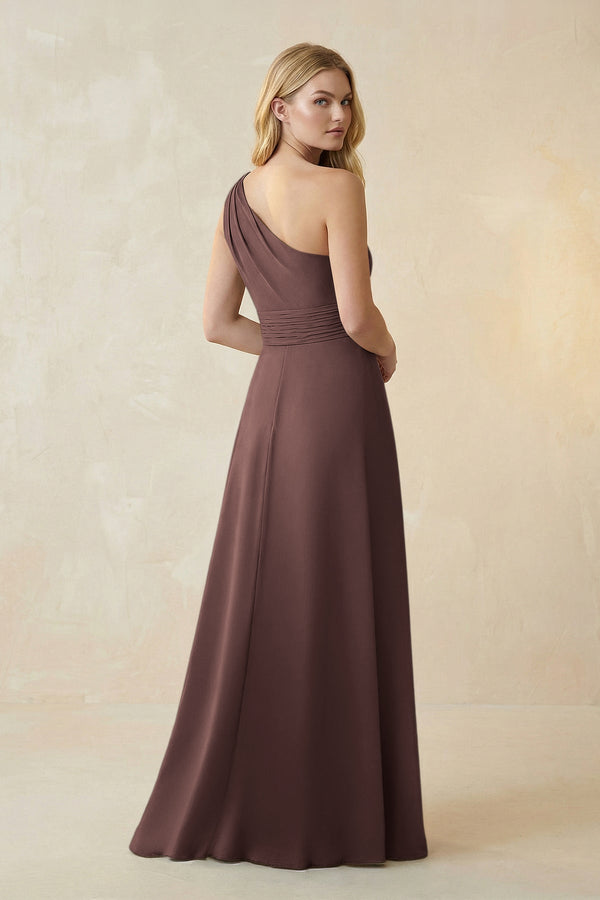 One - Shoulder Ruched A - Line Satin Bridesmaid Dress in Espresso - KissProm Bridesmaid Dresses