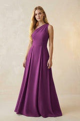 One - Shoulder Ruched A - Line Satin Bridesmaid Dress in Fig - KissProm Bridesmaid Dresses