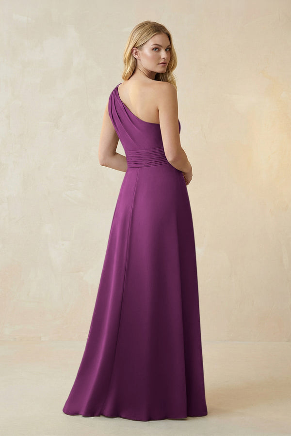 One - Shoulder Ruched A - Line Satin Bridesmaid Dress in Fig - KissProm Bridesmaid Dresses
