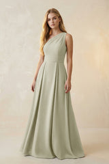 One - Shoulder Ruched A - Line Satin Bridesmaid Dress in Frost - KissProm Bridesmaid Dresses