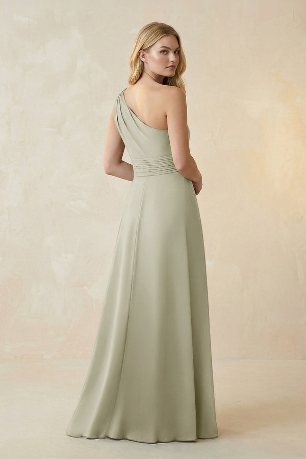 One - Shoulder Ruched A - Line Satin Bridesmaid Dress in Frost - KissProm Bridesmaid Dresses