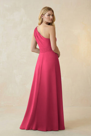 One - Shoulder Ruched A - Line Satin Bridesmaid Dress in Fuchsia - KissProm Bridesmaid Dresses