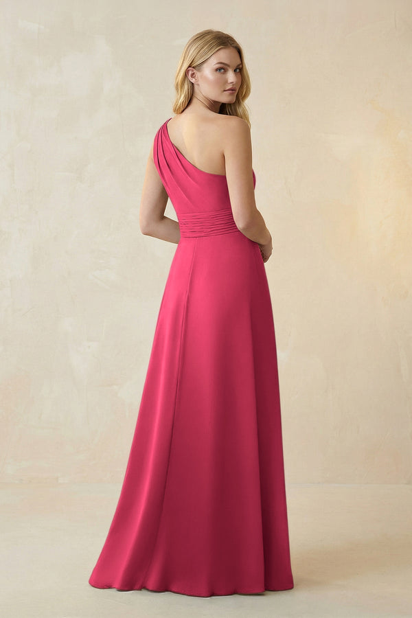 One - Shoulder Ruched A - Line Satin Bridesmaid Dress in Fuchsia - KissProm Bridesmaid Dresses