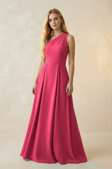 One - Shoulder Ruched A - Line Satin Bridesmaid Dress in Fuchsia - KissProm Bridesmaid Dresses