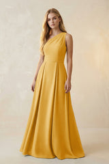 One - Shoulder Ruched A - Line Satin Bridesmaid Dress in Gold - KissProm Bridesmaid Dresses