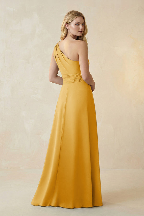 One - Shoulder Ruched A - Line Satin Bridesmaid Dress in Gold - KissProm Bridesmaid Dresses