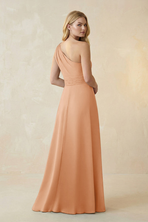 One - Shoulder Ruched A - Line Satin Bridesmaid Dress in Golden Champagne - KissProm Bridesmaid Dresses