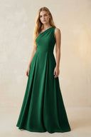 One - Shoulder Ruched A - Line Satin Bridesmaid Dress in Green - KissProm Bridesmaid Dresses