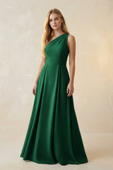 One - Shoulder Ruched A - Line Satin Bridesmaid Dress in Green - KissProm Bridesmaid Dresses