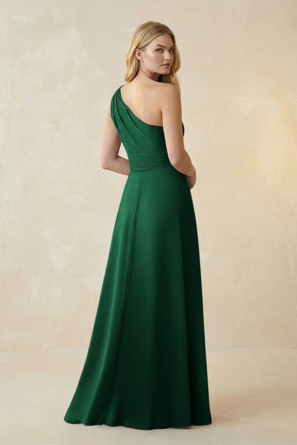 One - Shoulder Ruched A - Line Satin Bridesmaid Dress in Green - KissProm Bridesmaid Dresses