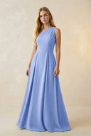 One - Shoulder Ruched A - Line Satin Bridesmaid Dress in Ice - KissProm Bridesmaid Dresses