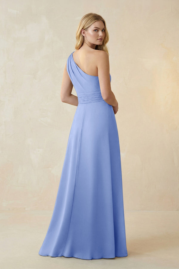 One - Shoulder Ruched A - Line Satin Bridesmaid Dress in Ice - KissProm Bridesmaid Dresses