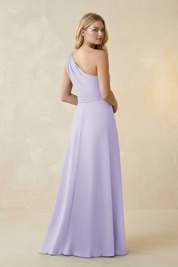 One - Shoulder Ruched A - Line Satin Bridesmaid Dress in Lavender - KissProm Bridesmaid Dresses
