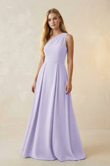 One - Shoulder Ruched A - Line Satin Bridesmaid Dress in Lavender - KissProm Bridesmaid Dresses