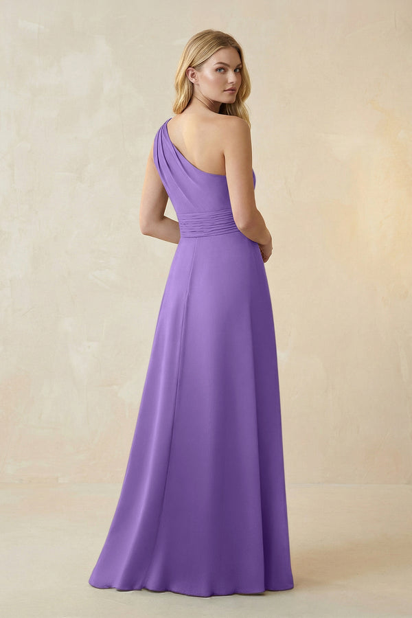One - Shoulder Ruched A - Line Satin Bridesmaid Dress in Lilac - KissProm Bridesmaid Dresses