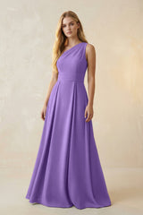 One - Shoulder Ruched A - Line Satin Bridesmaid Dress in Lilac - KissProm Bridesmaid Dresses
