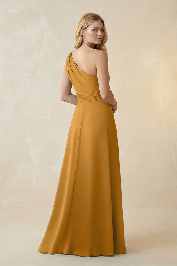 One - Shoulder Ruched A - Line Satin Bridesmaid Dress in Marigold - KissProm Bridesmaid Dresses