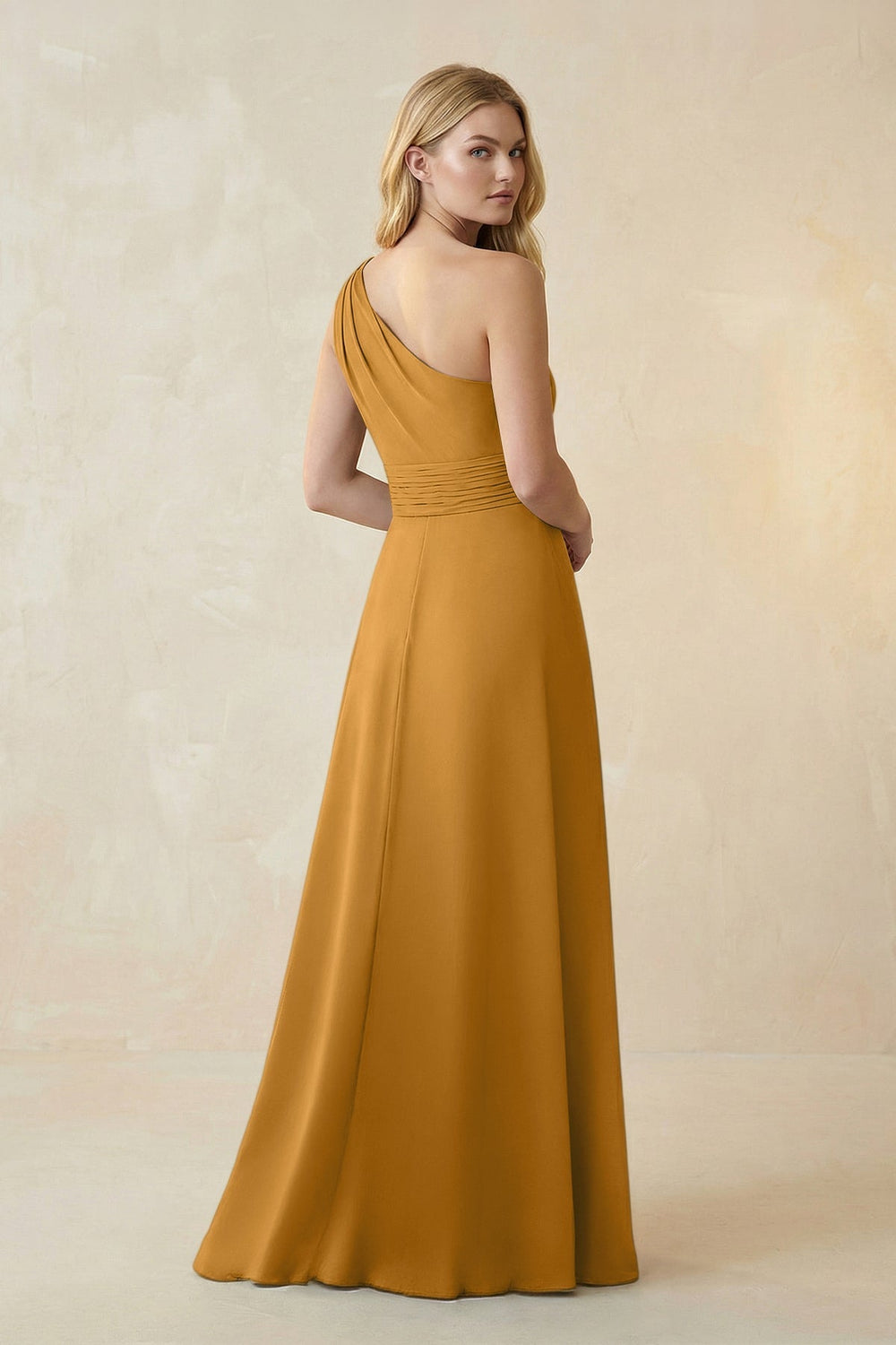 One - Shoulder Ruched A - Line Satin Bridesmaid Dress in Marigold - KissProm Bridesmaid Dresses