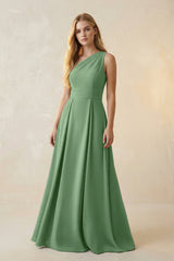 One - Shoulder Ruched A - Line Satin Bridesmaid Dress in Matcha - KissProm Bridesmaid Dresses