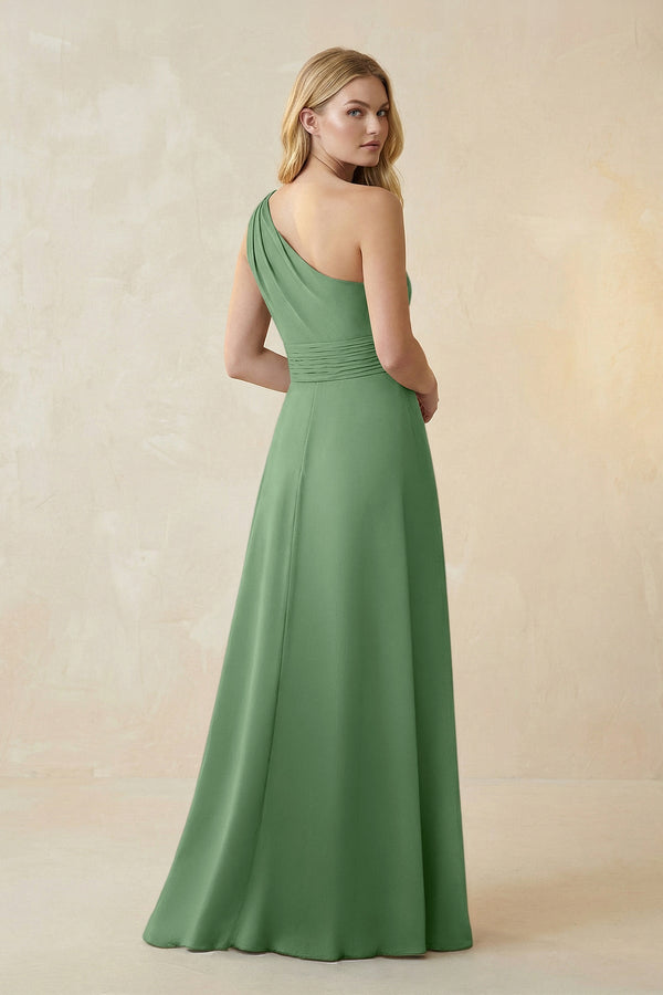 One - Shoulder Ruched A - Line Satin Bridesmaid Dress in Matcha - KissProm Bridesmaid Dresses
