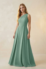 One - Shoulder Ruched A - Line Satin Bridesmaid Dress in Mint Green - KissProm Bridesmaid Dresses