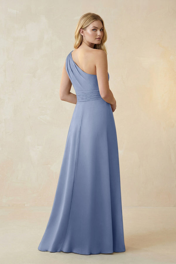 One - Shoulder Ruched A - Line Satin Bridesmaid Dress in Mist - KissProm Bridesmaid Dresses