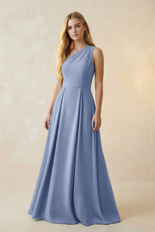 One - Shoulder Ruched A - Line Satin Bridesmaid Dress in Mist - KissProm Bridesmaid Dresses