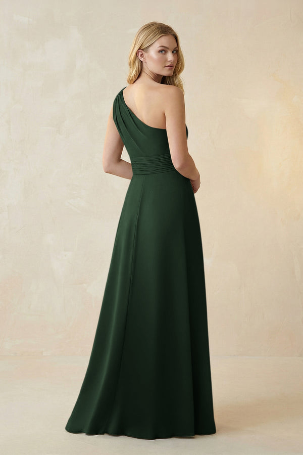 One - Shoulder Ruched A - Line Satin Bridesmaid Dress in Moss - KissProm Bridesmaid Dresses
