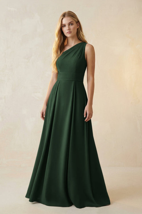 One - Shoulder Ruched A - Line Satin Bridesmaid Dress in Moss - KissProm Bridesmaid Dresses