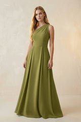 One - Shoulder Ruched A - Line Satin Bridesmaid Dress in Moss Green - KissProm Bridesmaid Dresses