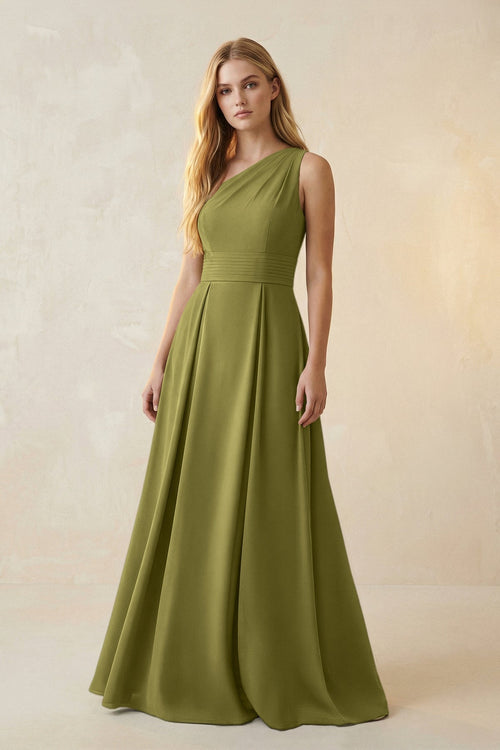 One - Shoulder Ruched A - Line Satin Bridesmaid Dress in Moss Green - KissProm Bridesmaid Dresses