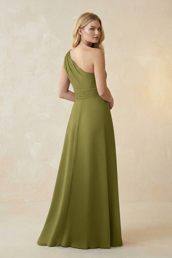 One - Shoulder Ruched A - Line Satin Bridesmaid Dress in Moss Green - KissProm Bridesmaid Dresses
