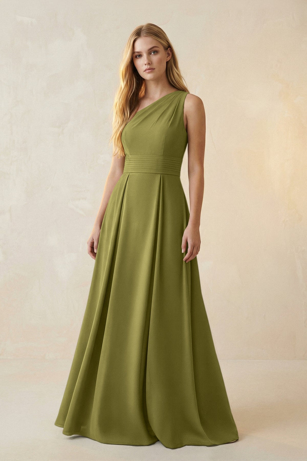 One - Shoulder Ruched A - Line Satin Bridesmaid Dress in Moss Green - KissProm Bridesmaid Dresses