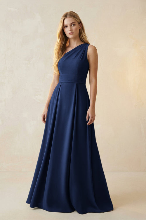 One - Shoulder Ruched A - Line Satin Bridesmaid Dress in Navy - KissProm Bridesmaid Dresses