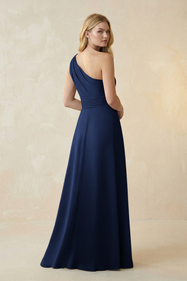 One - Shoulder Ruched A - Line Satin Bridesmaid Dress in Navy - KissProm Bridesmaid Dresses