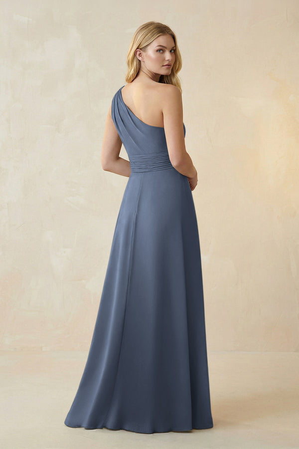 One - Shoulder Ruched A - Line Satin Bridesmaid Dress in Neptune - KissProm Bridesmaid Dresses