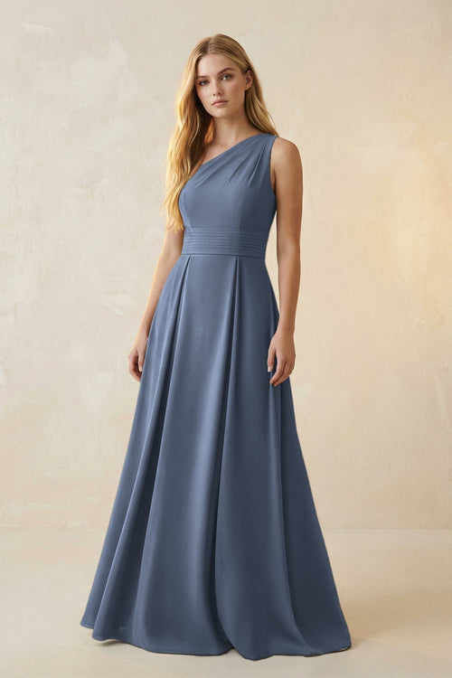 One - Shoulder Ruched A - Line Satin Bridesmaid Dress in Neptune - KissProm Bridesmaid Dresses