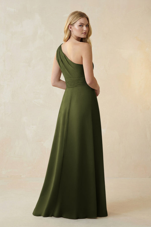 One - Shoulder Ruched A - Line Satin Bridesmaid Dress in Olive - KissProm Bridesmaid Dresses