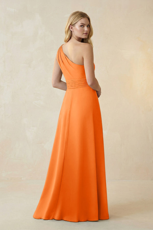 One - Shoulder Ruched A - Line Satin Bridesmaid Dress in Orange - KissProm Bridesmaid Dresses