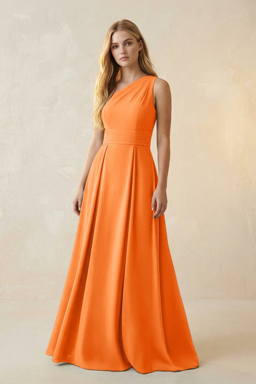 One - Shoulder Ruched A - Line Satin Bridesmaid Dress in Orange - KissProm Bridesmaid Dresses
